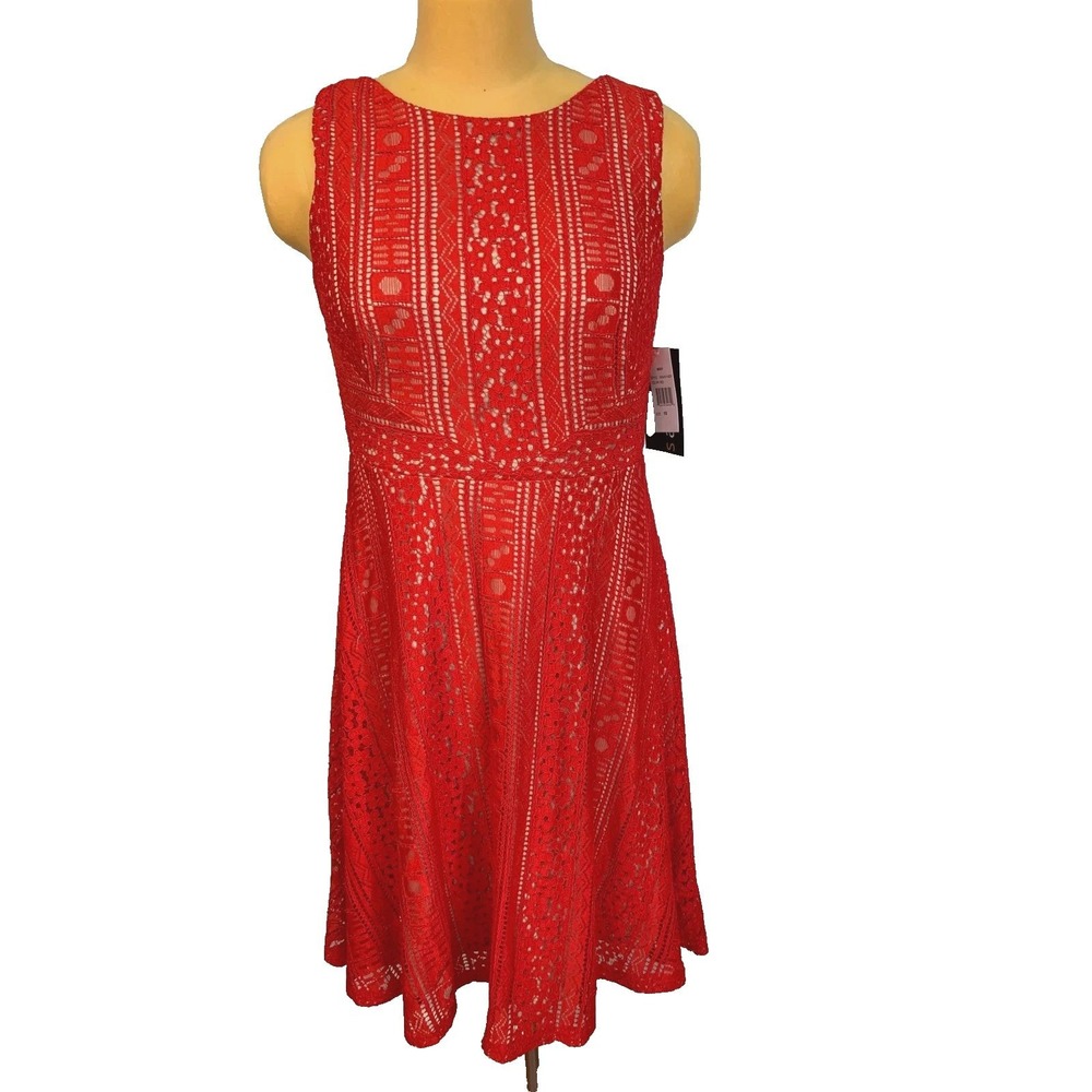 Sangria Red Geometric Lace Fit and Flare Dress Sleeveless V-Back Size 10 NEW